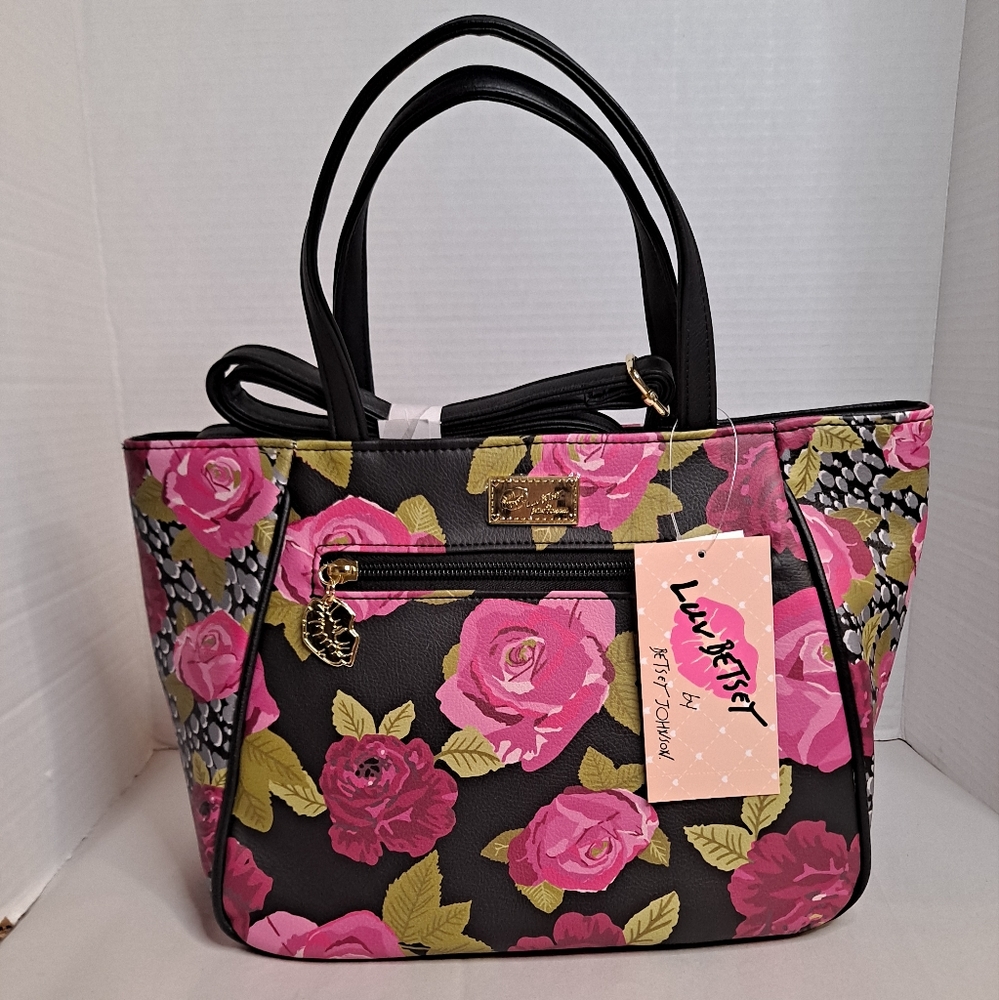 NWT Betsey Johnson Black and Pink Floral Satchel